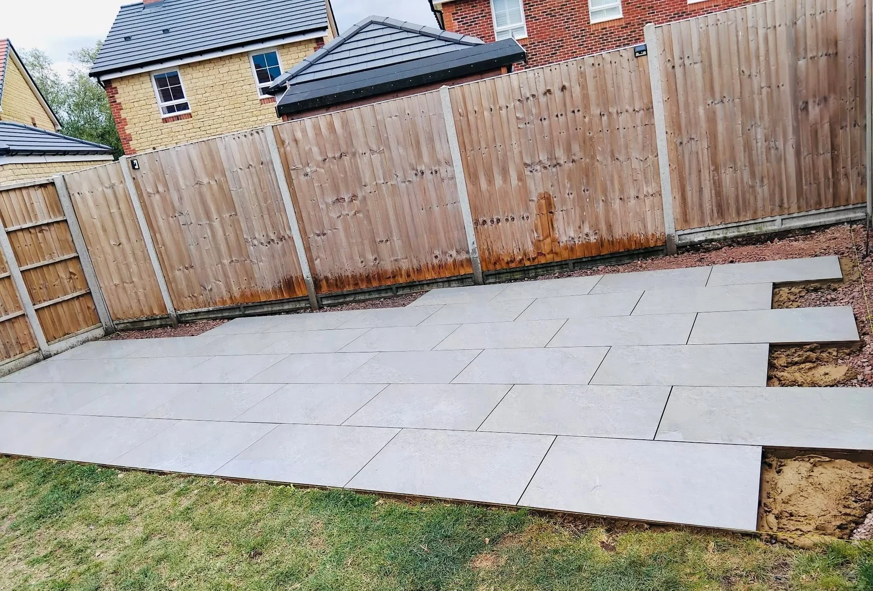 porcelain patio installation progress high wycombe - Double Bellezza Fino Porcelain Patio Installation in High Wycombe