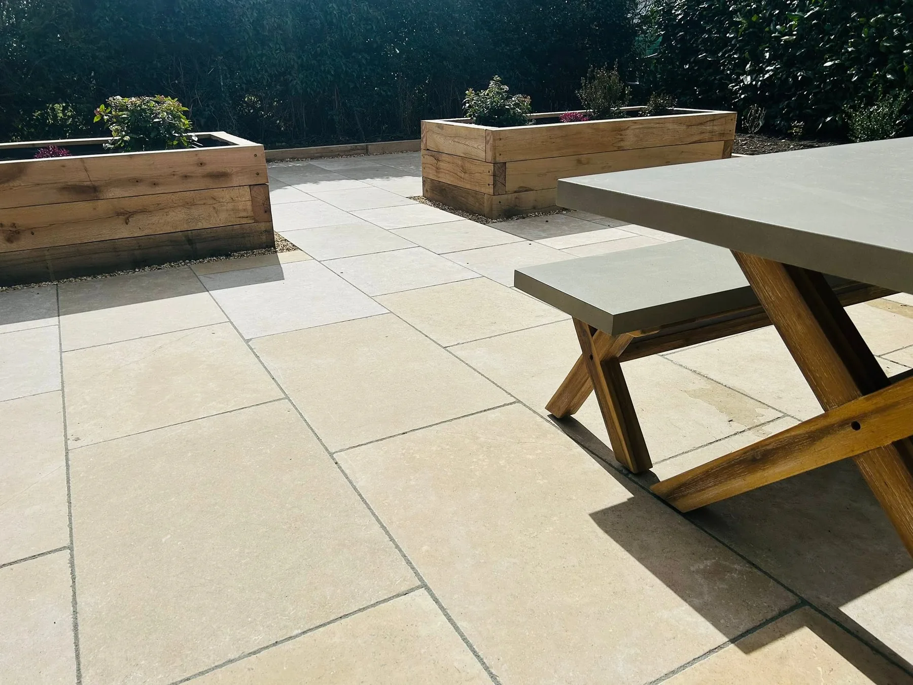 Limestone Garden Patio and Raised Oak Beds in Marlow