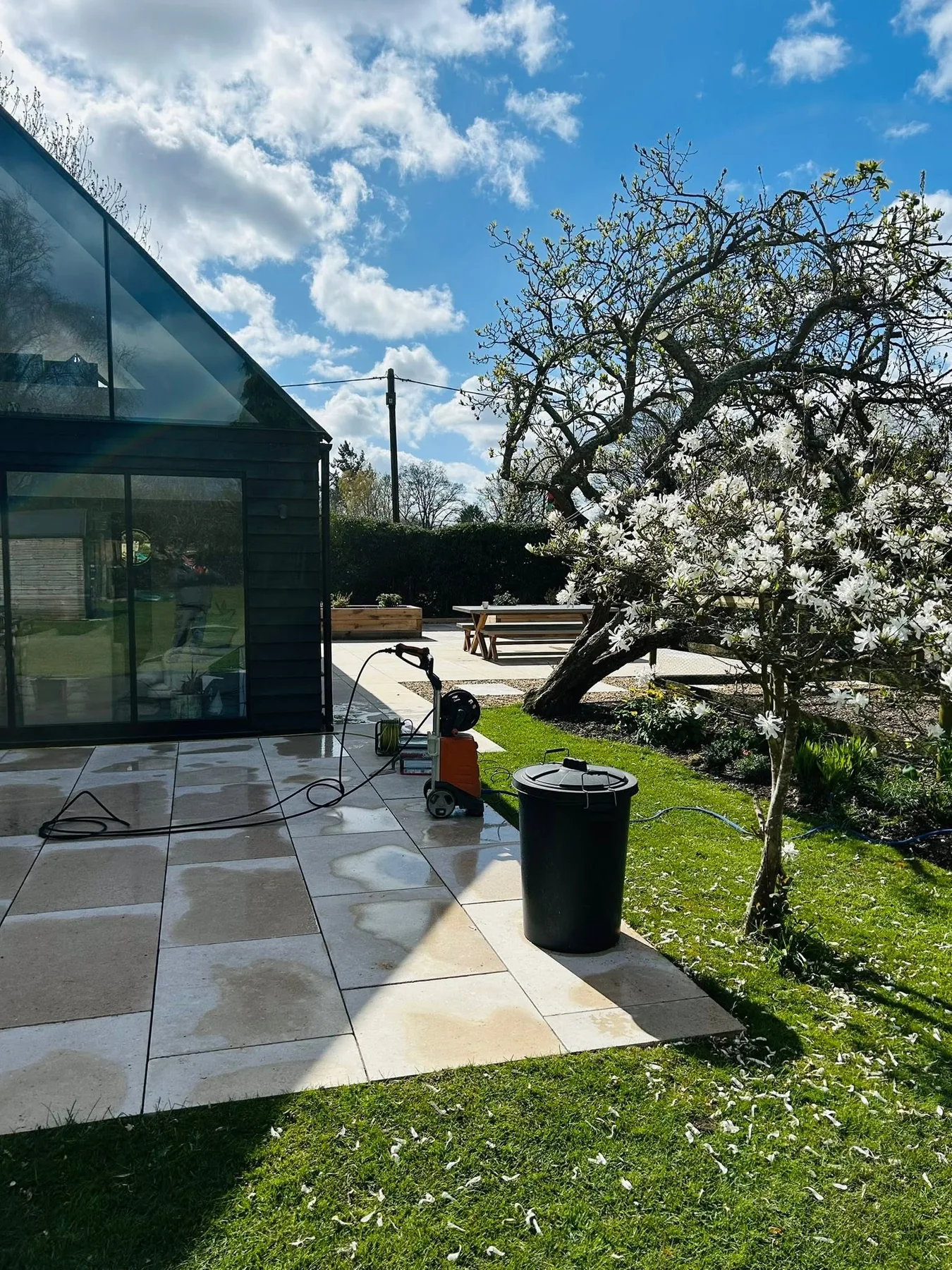 limestone patio annex garden layout marlow - Limestone Garden Patio and Raised Oak Beds in Marlow