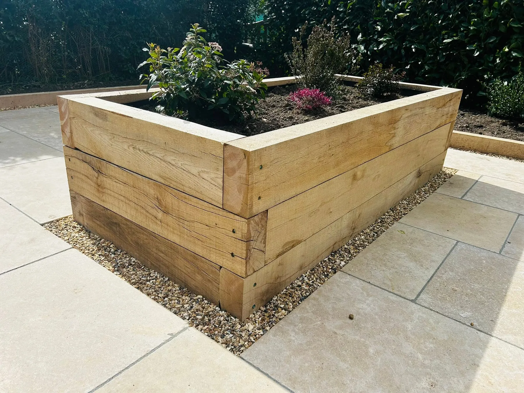 oak raised bed limestone patio detail marlow - Limestone Garden Patio and Raised Oak Beds in Marlow