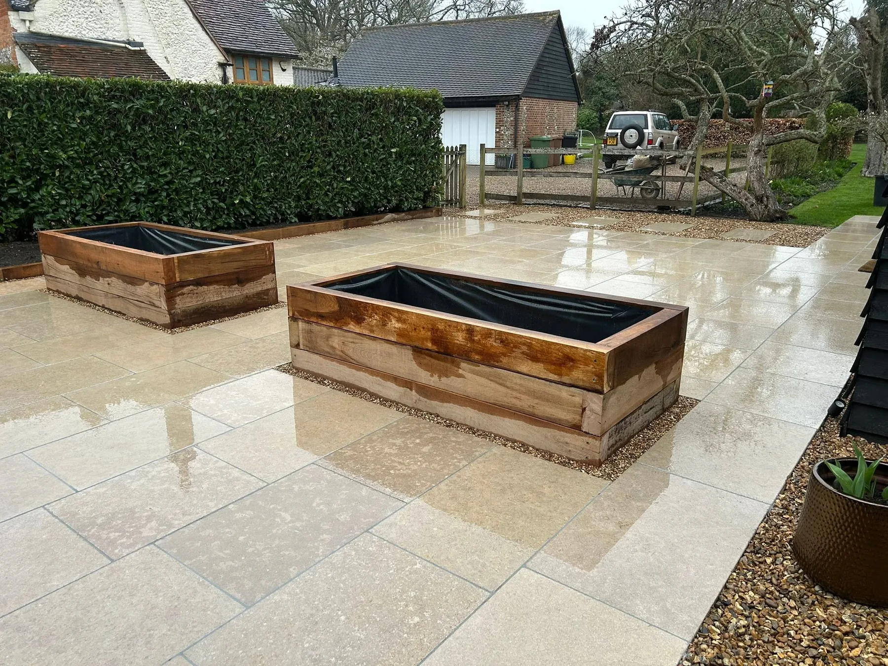 raised oak kitchen garden beds limestone patio marlow - Limestone Garden Patio and Raised Oak Beds in Marlow