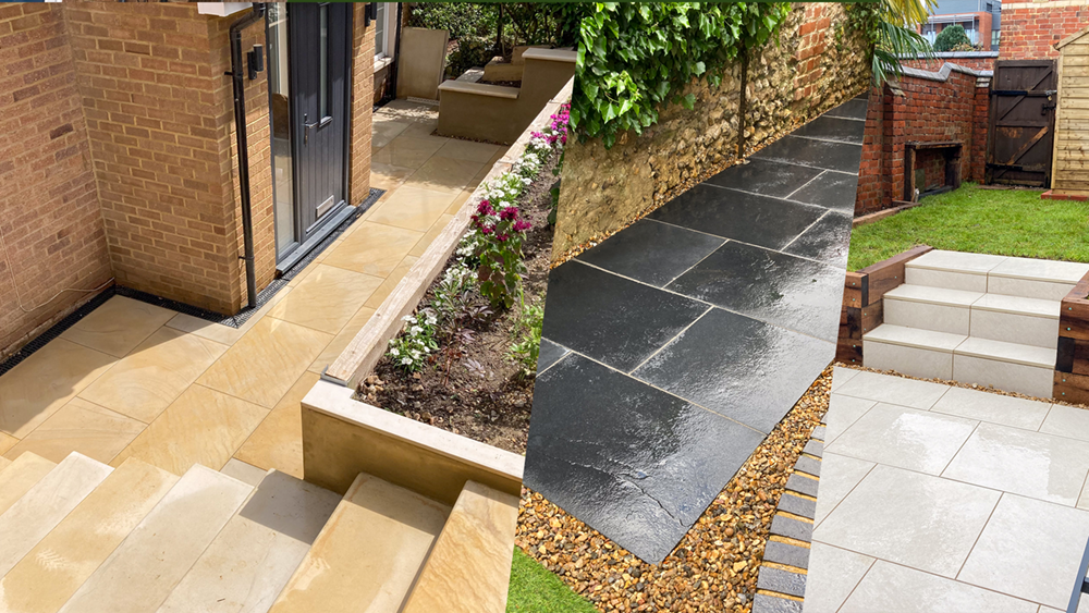 Multi-level outdoor transformation featuring buff sandstone patio with integrated steps, charcoal grey pathway, raised planters, and modern landscaping in Henley-on-Thames